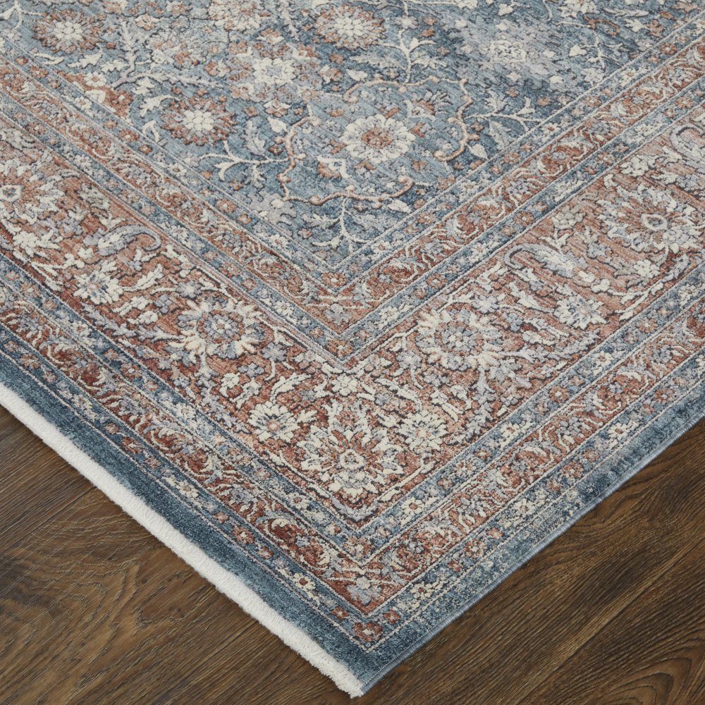 7' X 10' Blue Beige And Red Floral Area Rug