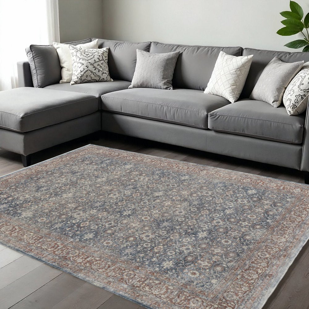 7' X 10' Blue Beige And Red Floral Area Rug