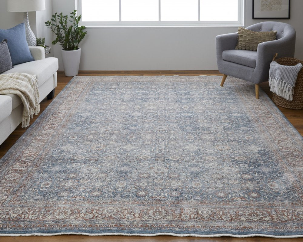 7' X 10' Blue Beige And Red Floral Area Rug