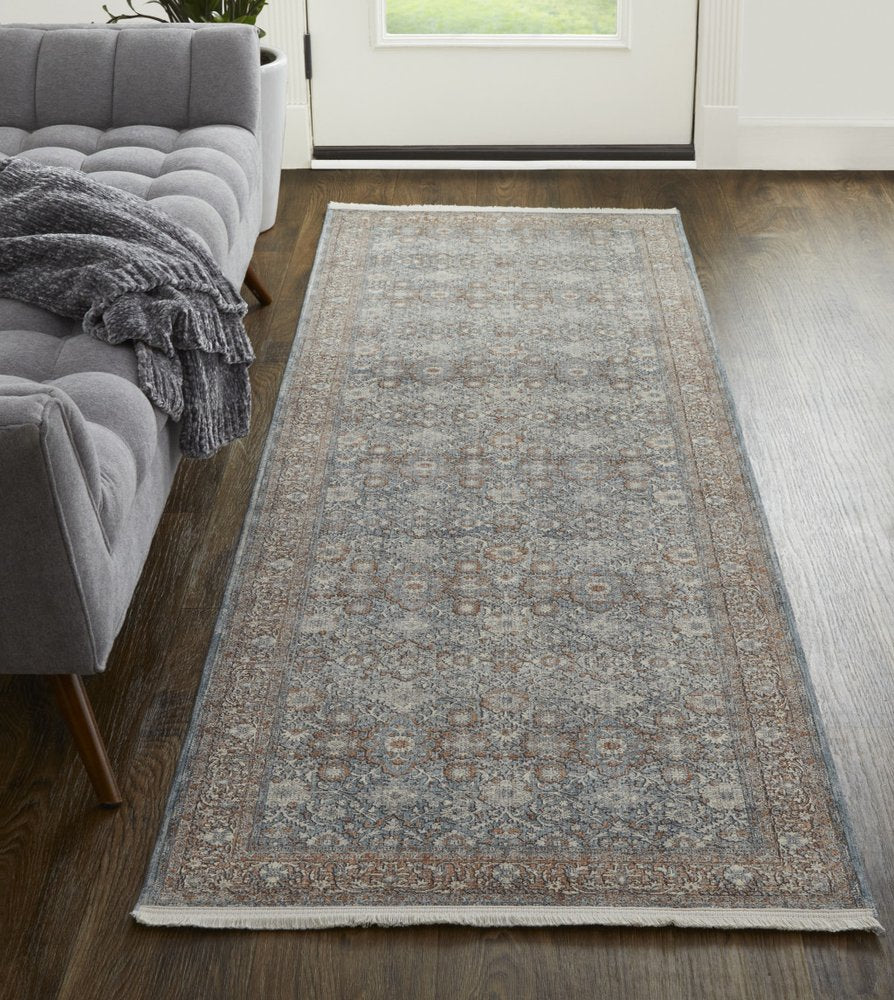 7' X 10' Blue Beige And Red Floral Area Rug