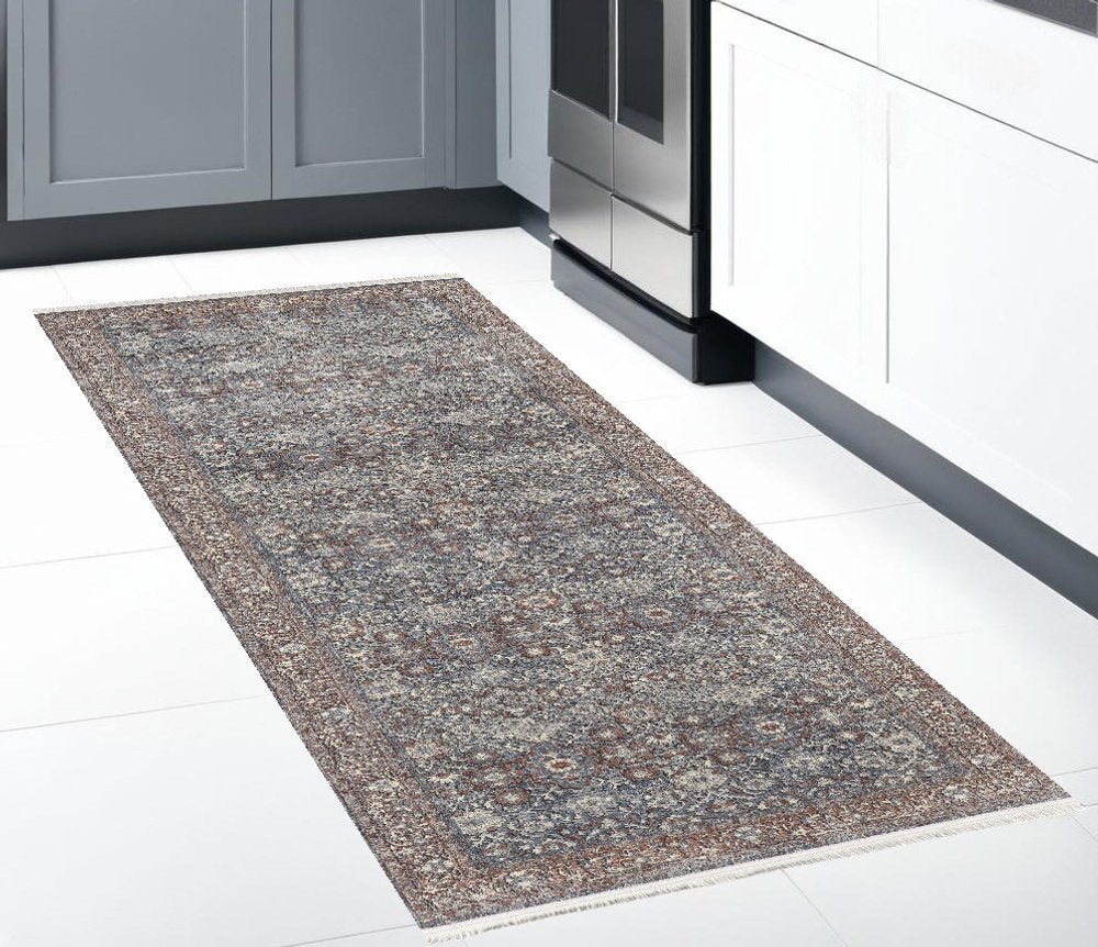 7' X 10' Blue Beige And Red Floral Area Rug