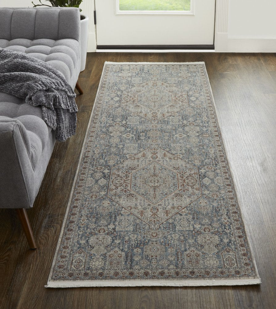 10' X 13' Blue And Ivory Floral Power Loom Stain Resistant Area Rug