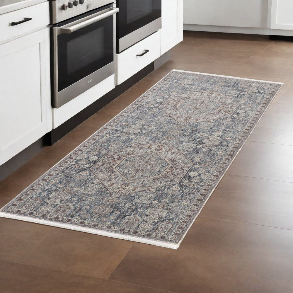 10' X 13' Blue And Ivory Floral Power Loom Stain Resistant Area Rug