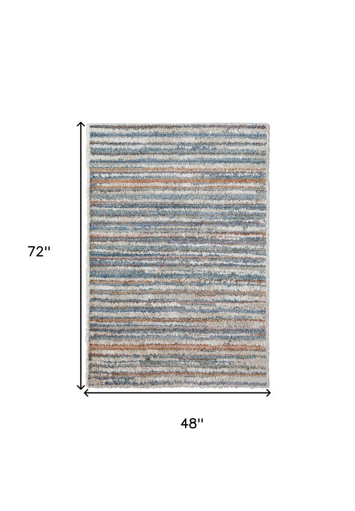 5' X 8' Ivory Blue And Orange Striped Power Loom Stain Resistant Area Rug