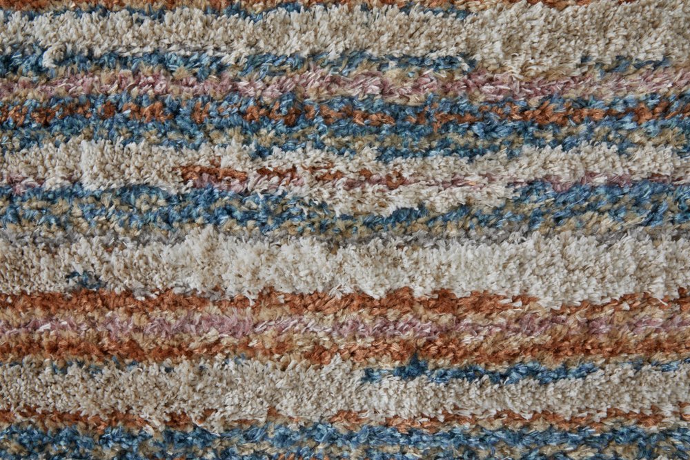 5' X 8' Ivory Blue And Orange Striped Power Loom Stain Resistant Area Rug
