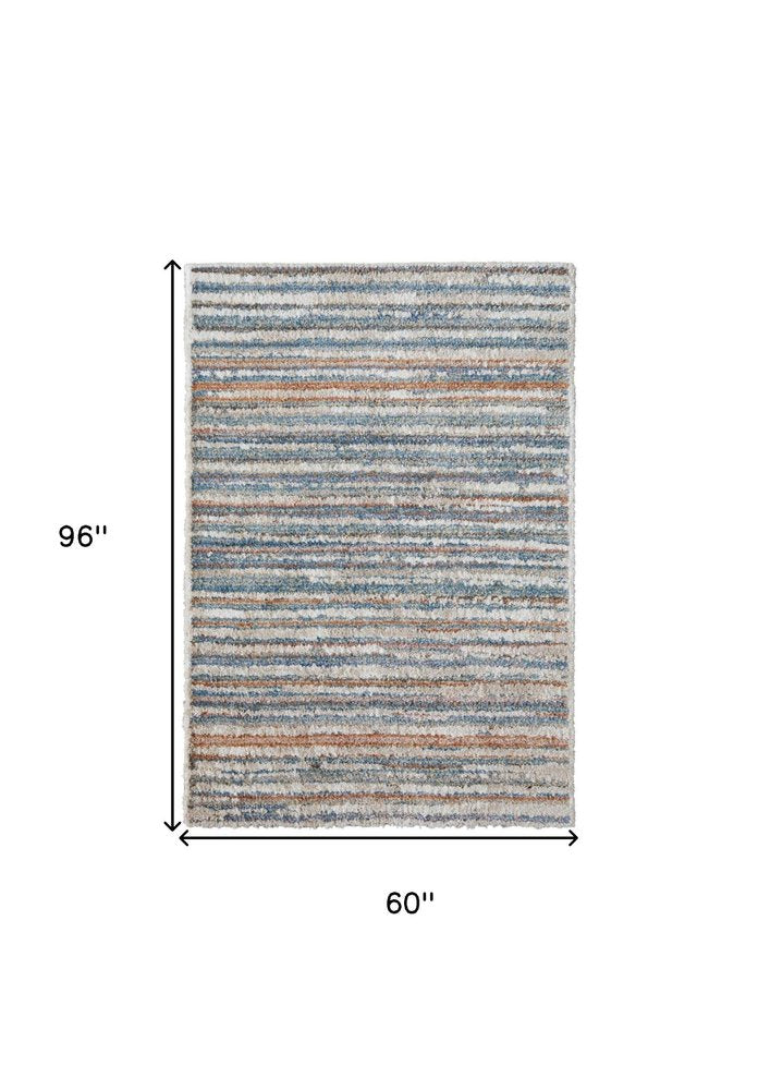 8' X 10' Ivory and Blue Striped Power Loom Area Rug