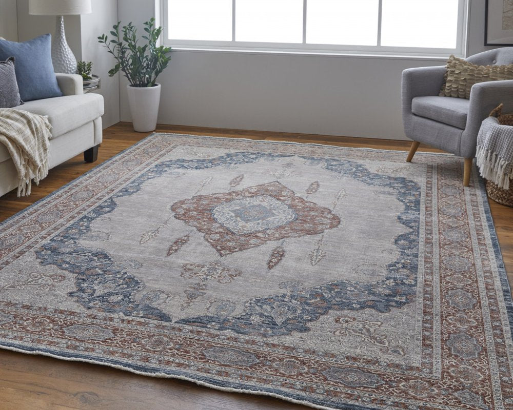 10' Gray Red And Blue Floral Runner Rug With Fringe