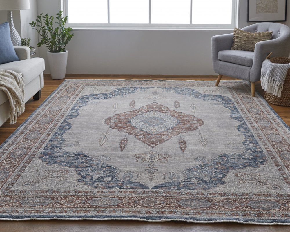 10' Gray Red And Blue Floral Runner Rug With Fringe