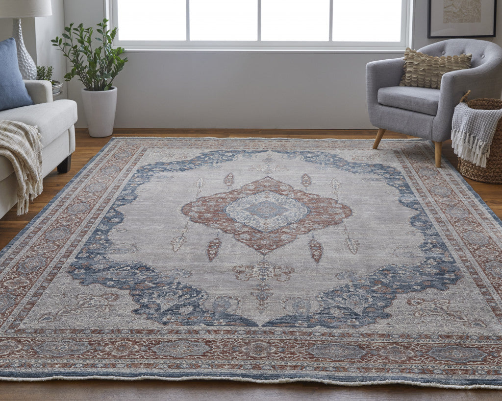 10' Gray Red And Blue Floral Runner Rug With Fringe