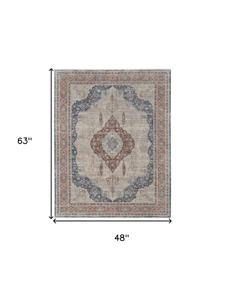 10' Gray Red And Blue Floral Runner Rug With Fringe