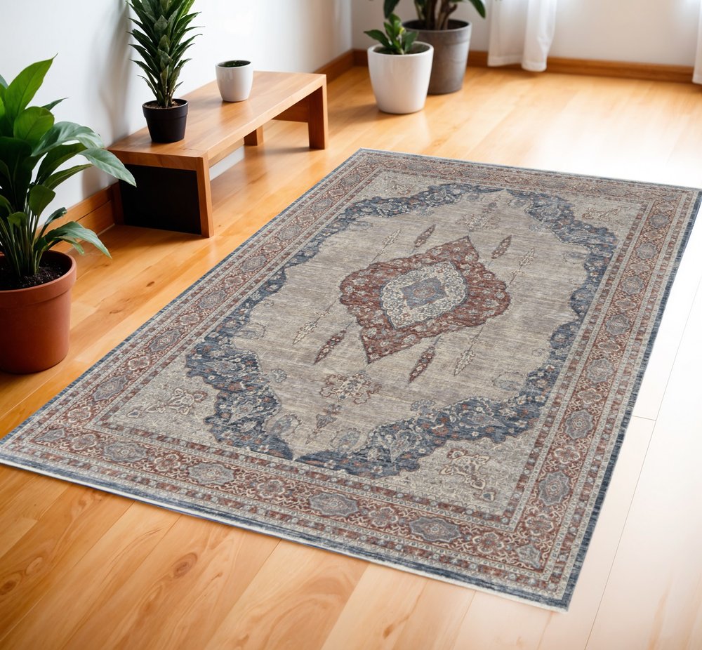 10' Gray Red And Blue Floral Runner Rug With Fringe