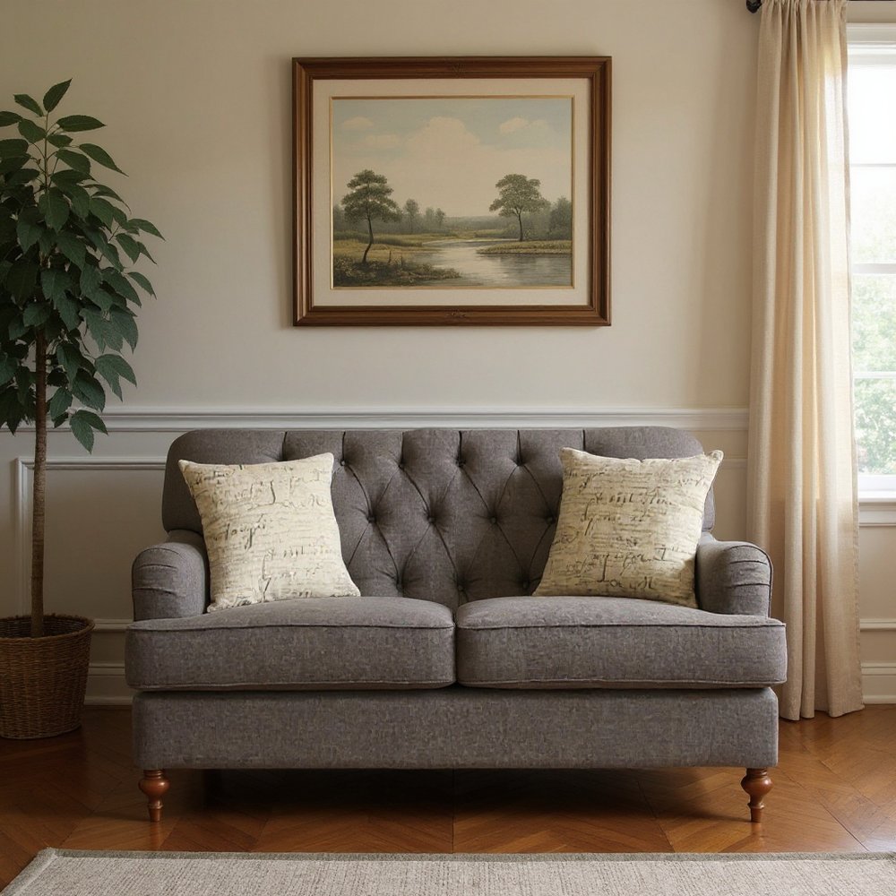 61" Dark Gray And Brown Linen Curved Loveseat and Toss Pillows