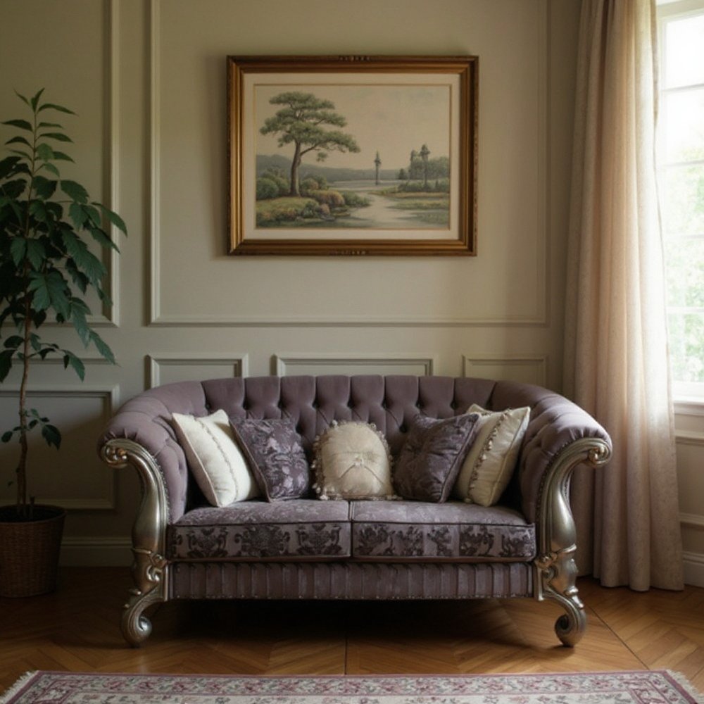 76" Purple And Platinum Velvet Loveseat and Toss Pillows