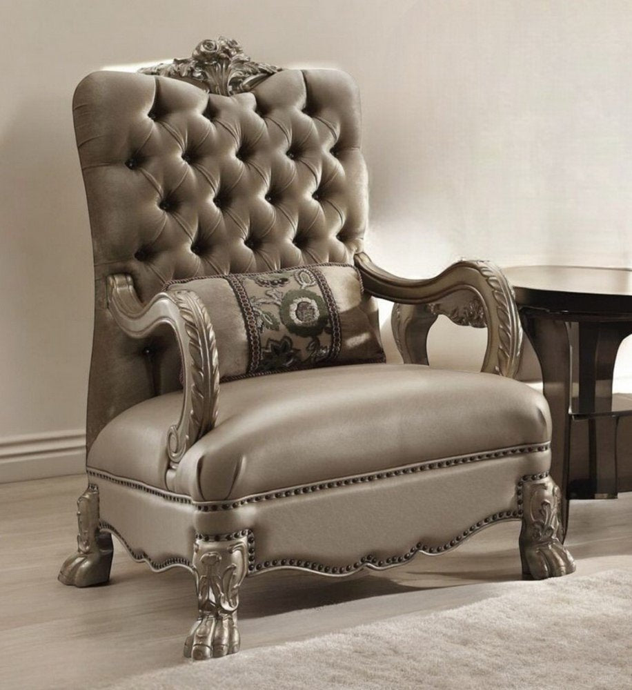 34" Bone and Gold Velvet Tufted Chesterfield Chair And Toss Pillow