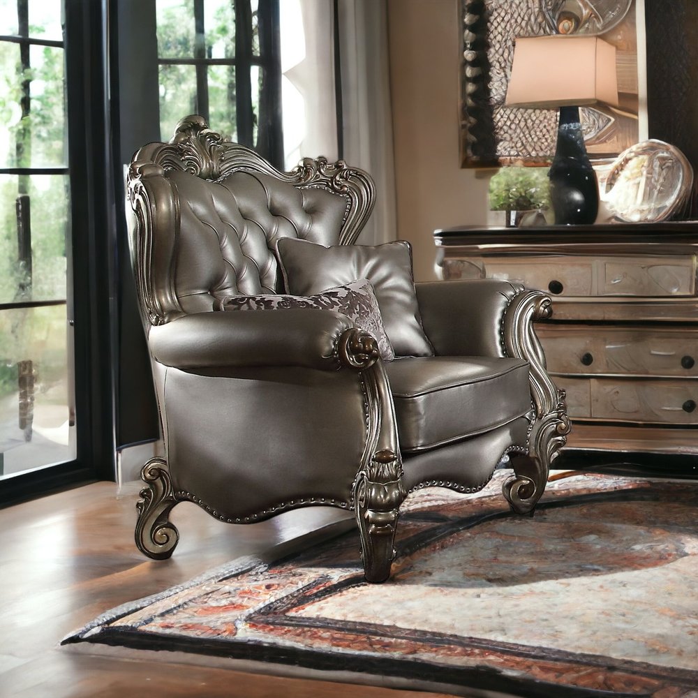 44" Silver and Platinum Faux Leather Tufted Wingback Chair And Toss Pillows