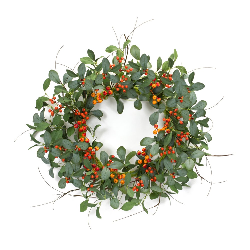 21" Green And Orange Berry Foliage And Twig Artificial Wreath