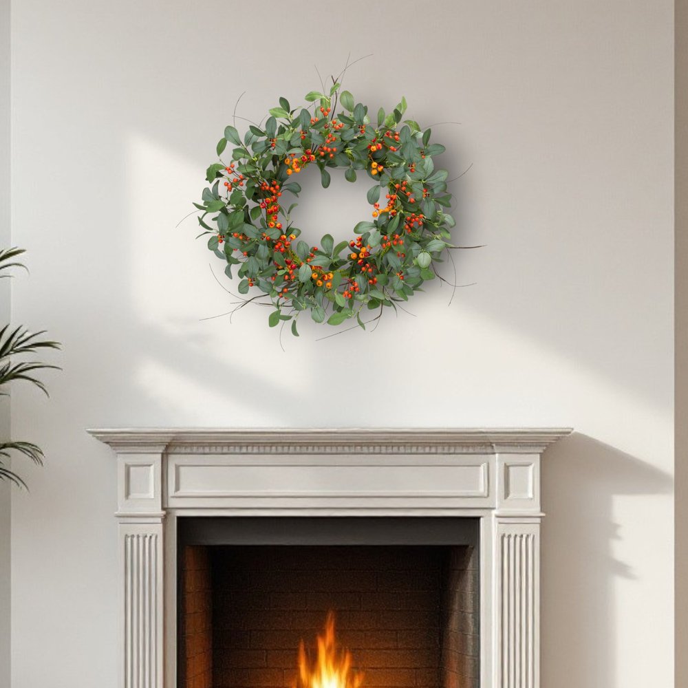 21" Green And Orange Berry Foliage And Twig Artificial Wreath