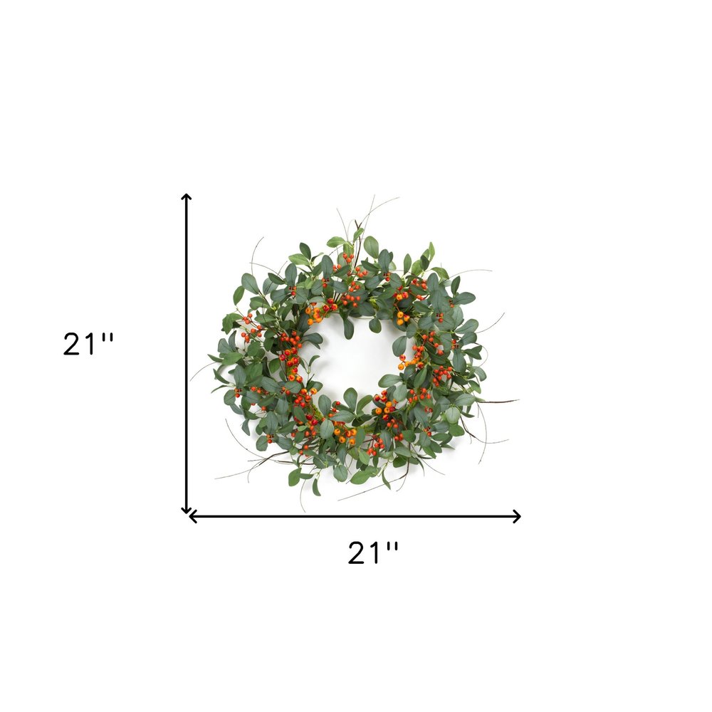 21" Green And Orange Berry Foliage And Twig Artificial Wreath