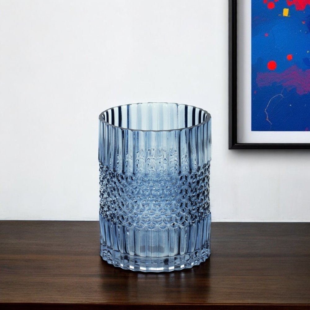8" Blue Geometric Cylinder Glass Table Vase