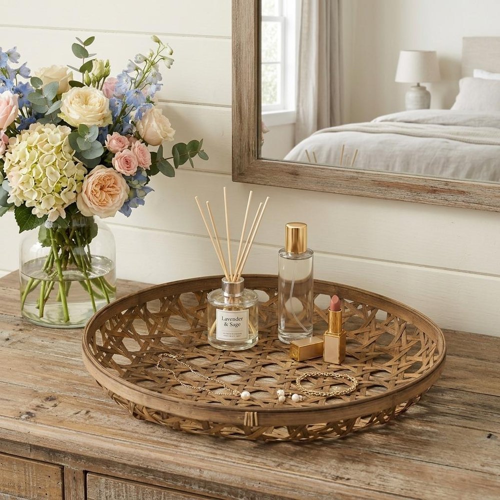 22" Brown Round Bamboo Vanity Tray