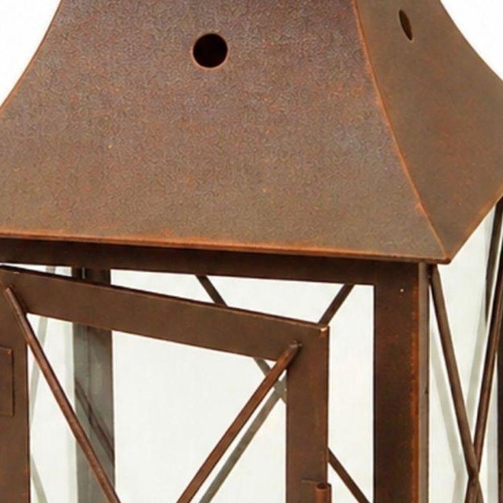 Set of Three Brown Lattice Glass And Metal Floor Lantern Candle Holders