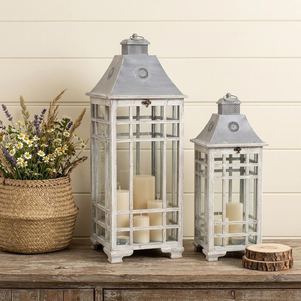 Set of Two White And Silver Distressed Geometric Metal Floor Lantern Candle Holders