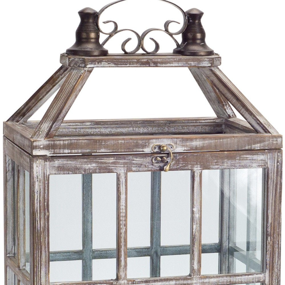 Set of Two White Distressed Wood And Glass Floor Lantern Candle Holders