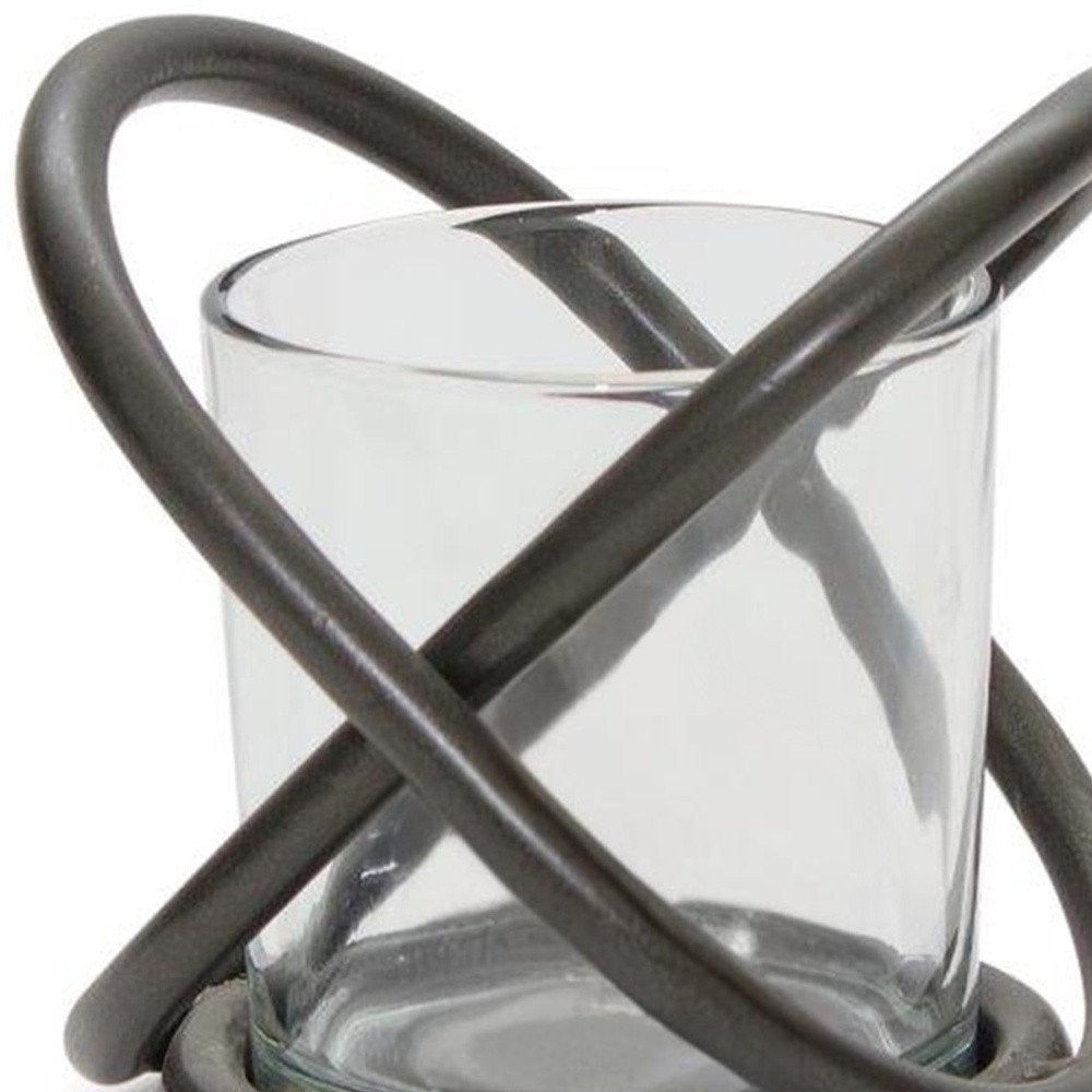 Set of Two Clear And Black Distressed Glass And Metal Tabletop Votive Candle Holders