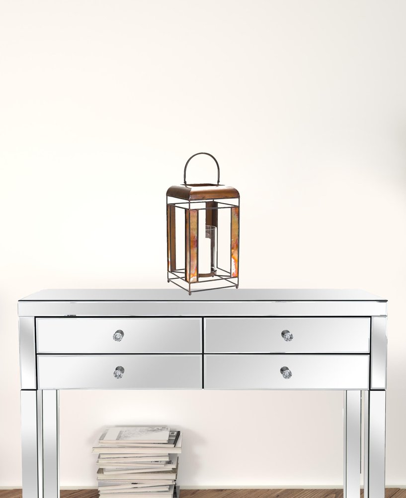 17" Bronze Distressed Geometric Metal And Glass Tabletop Lantern Candle Holder