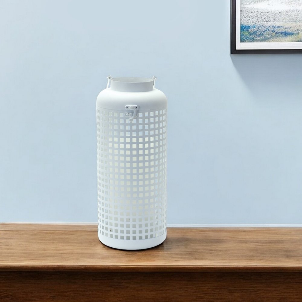 14" White Distressed Lattice Iron Floor Lantern Candle Holder