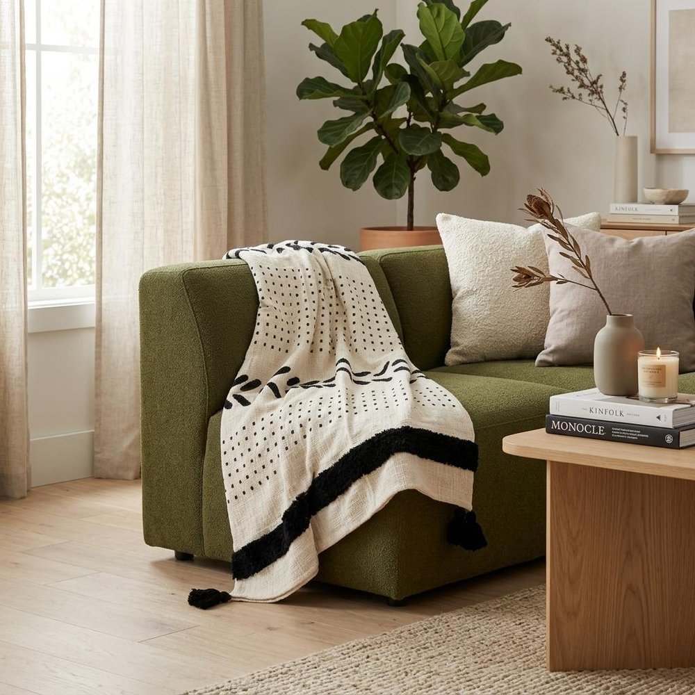 60" X 50" Black and White Woven Cotton Striped Throw Blanket with Tassels