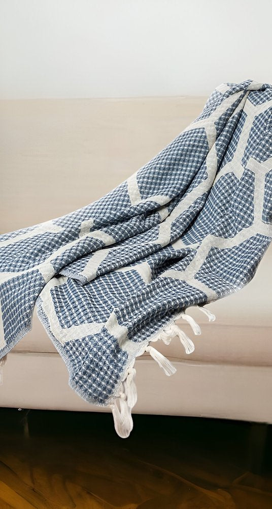 60" X 50" Yellow Woven Cotton Geometric Throw Blanket with Fringe