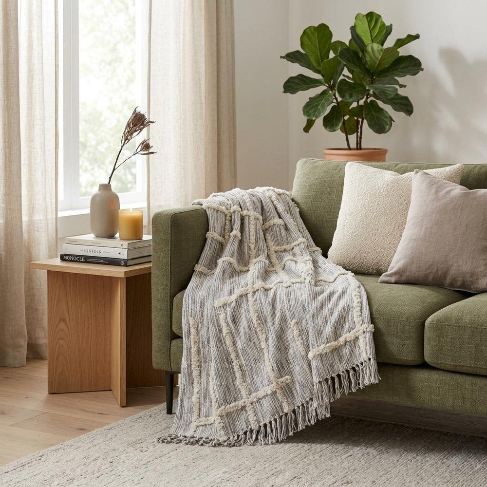 60" X 50" Gray Woven Cotton Striped Throw Blanket with Fringe