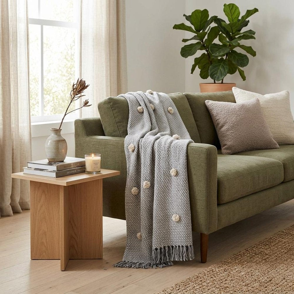 50" X 60" Gray Woven Cotton Houndstooth Throw Blanket with Pom Poms