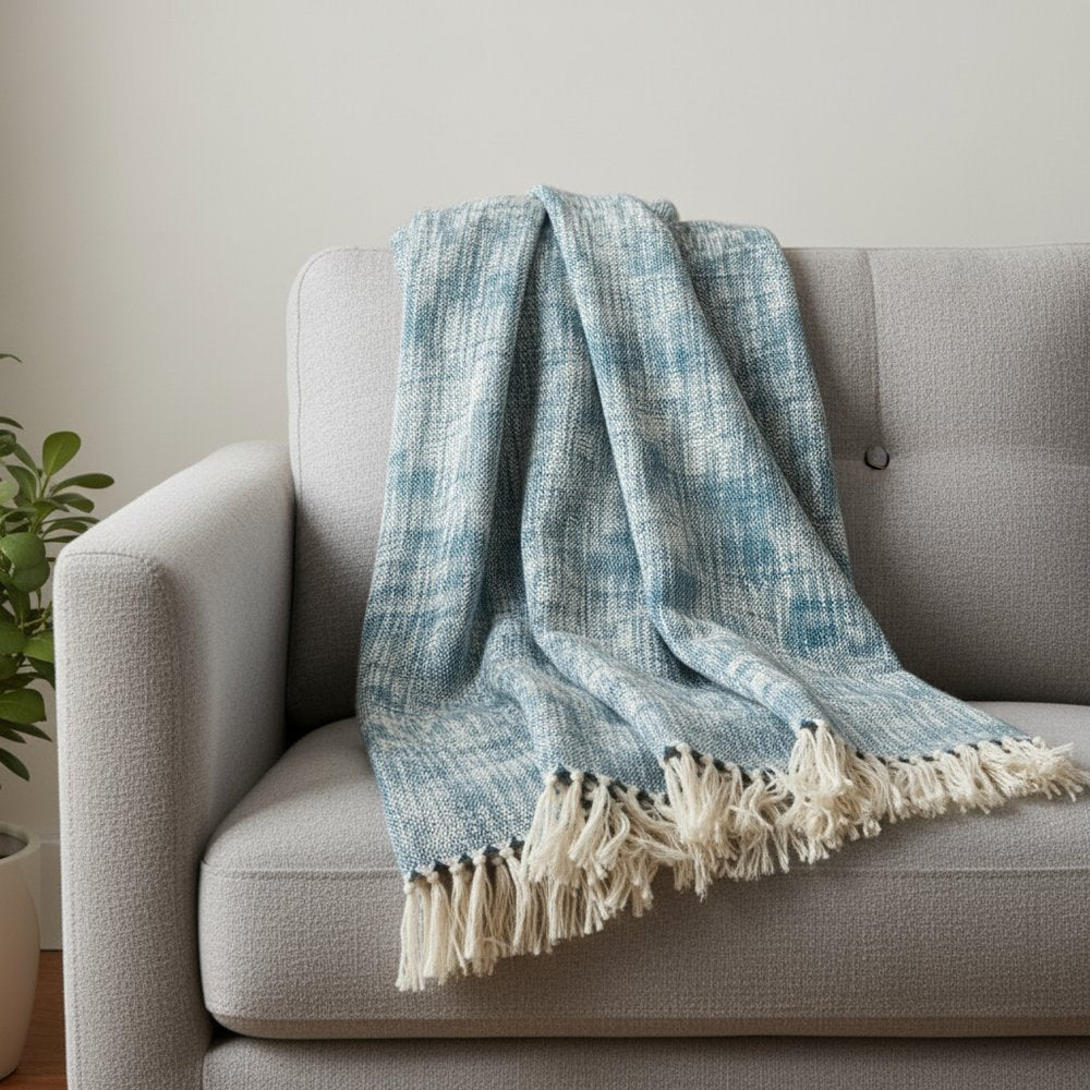 50" X 60" Blue and White Woven Cotton Throw Blanket with Fringe