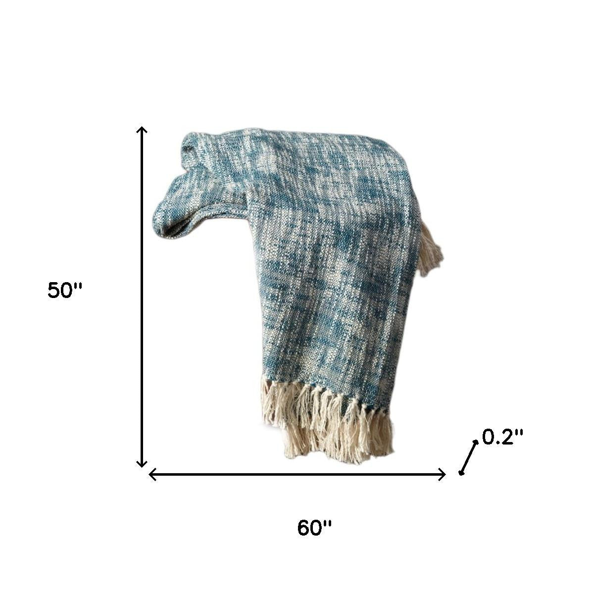 50" X 60" Blue and White Woven Cotton Throw Blanket with Fringe