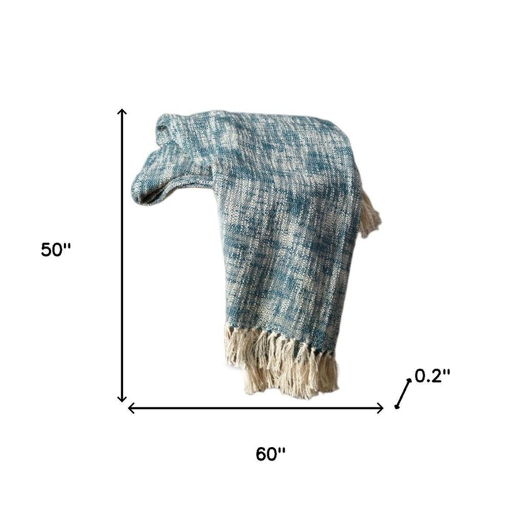 50" X 60" Blue and White Woven Cotton Throw Blanket with Fringe