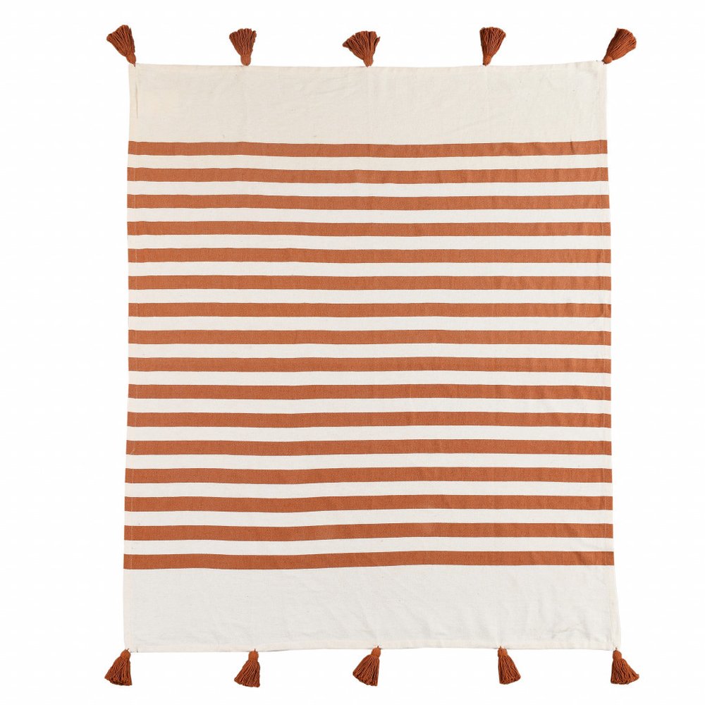 50" X 60" Orange Woven Cotton Striped Throw Blanket with Tassels