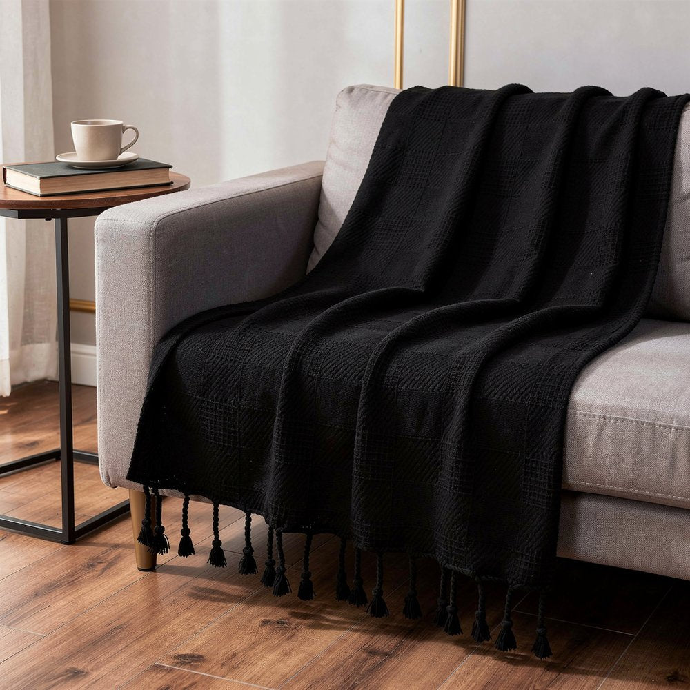 50" X 60" Blue Woven Cotton Throw Blanket with Fringe