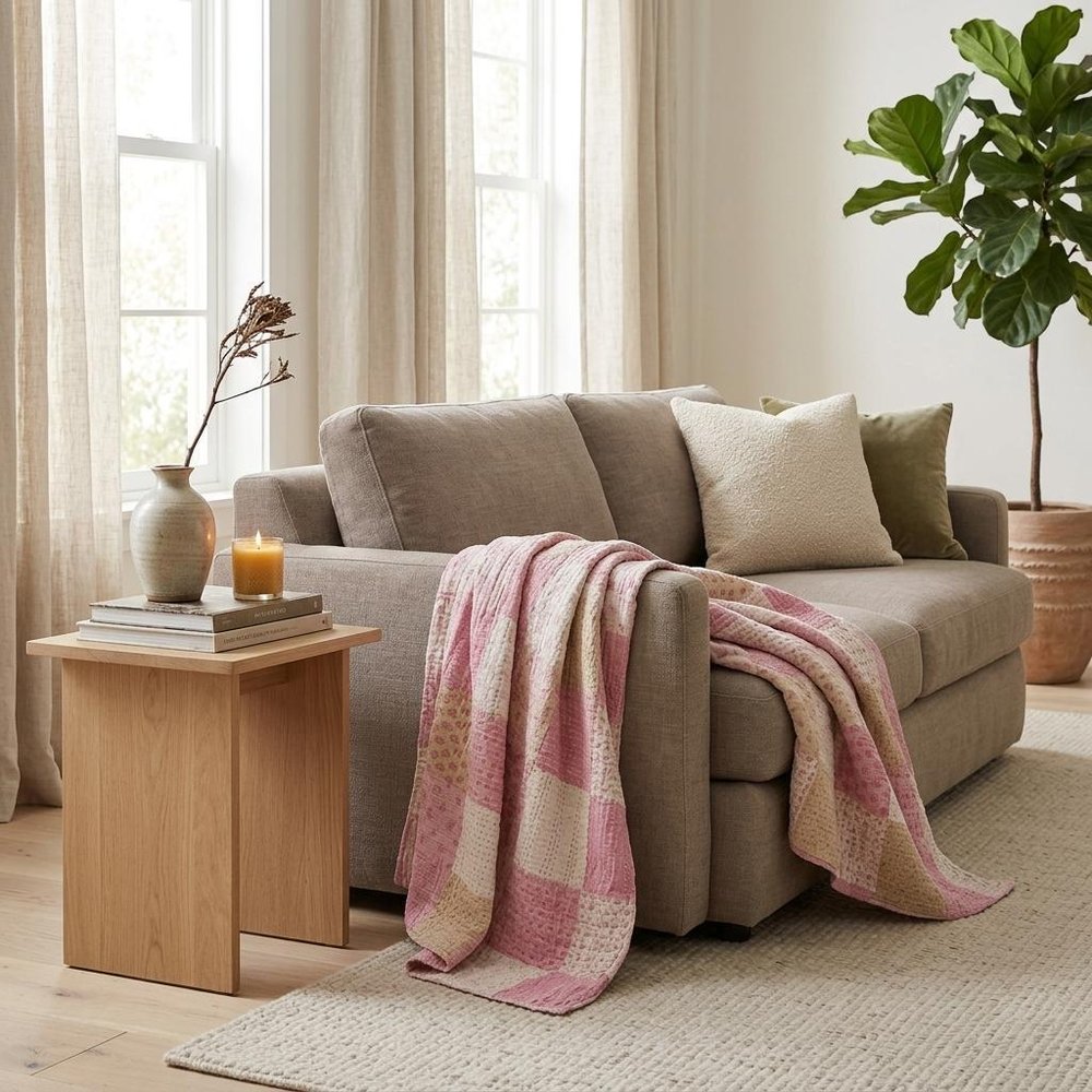 70" X 50" Pale Pink Kantha Cotton Patchwork Throw Blanket with Embroidery