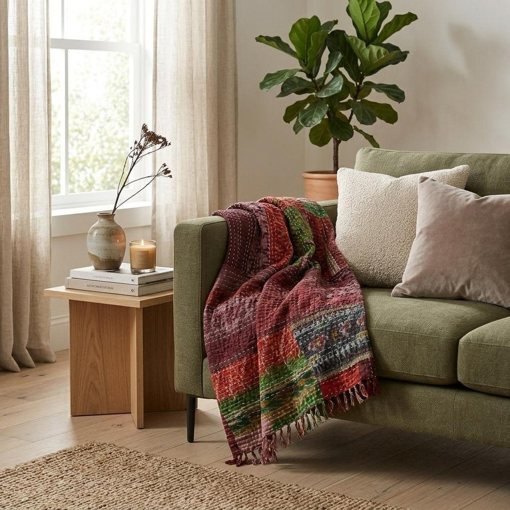 70" X 50" Red Kantha Silk Patchwork Throw Blanket with Embroidery