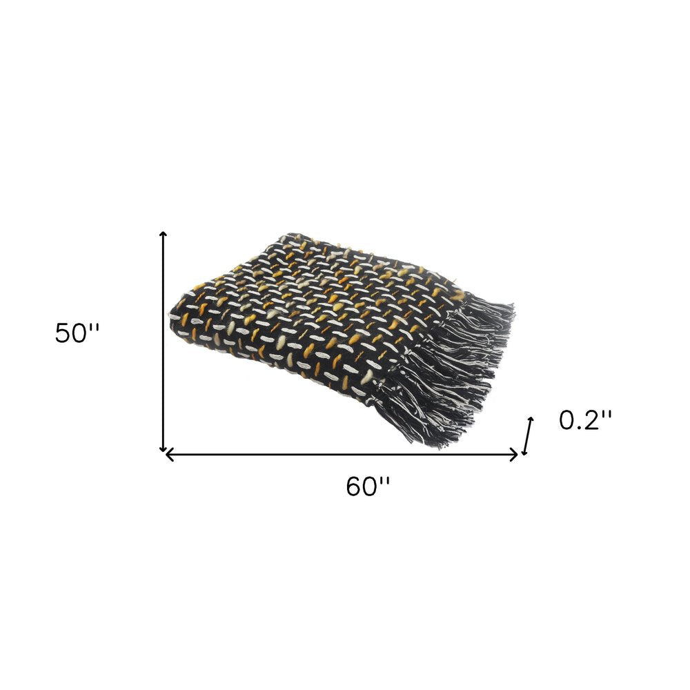 50" X 60" Black And Gold Geometric Cotton Woven Throw Blanket with Tassels