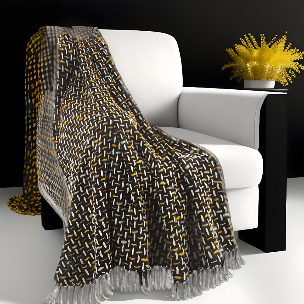 50" X 60" Black And Gold Geometric Cotton Woven Throw Blanket with Tassels