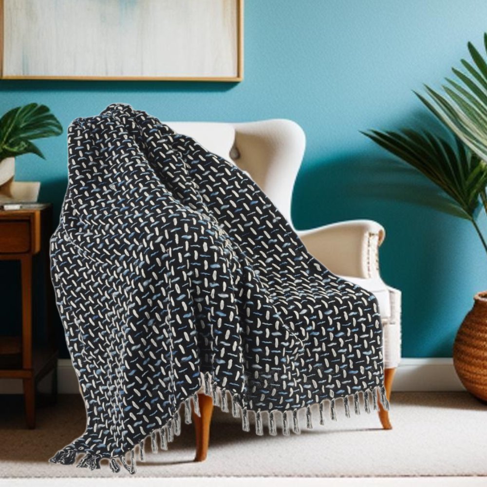 50" X 60" Black And Gold Geometric Cotton Woven Throw Blanket with Tassels
