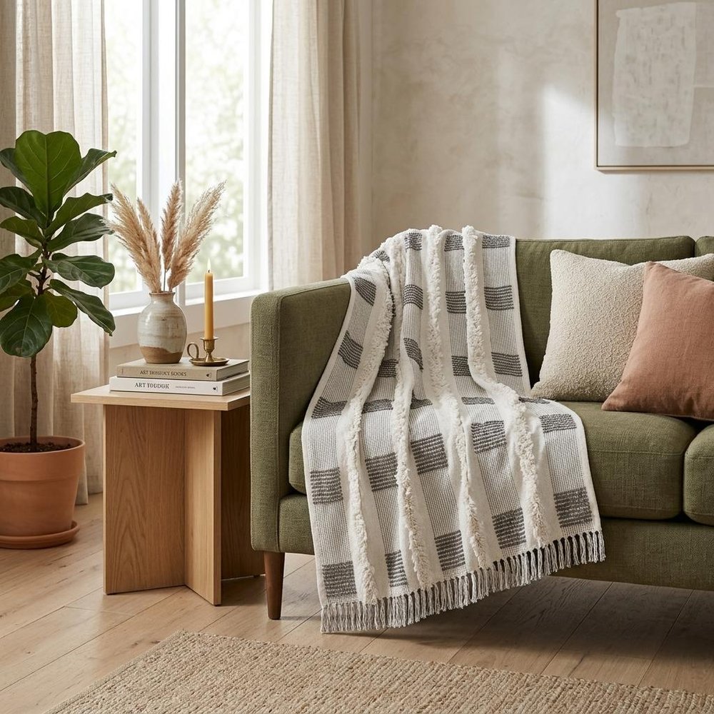 60" X 50" Gray and White Woven Cotton Checkered Throw Blanket with Fringe