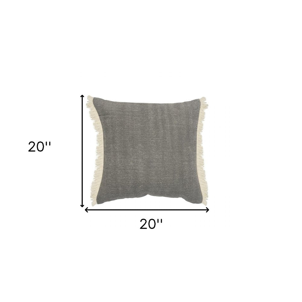 20" Gray And Ivory Cotton Color Block Throw Pillow with Fringe