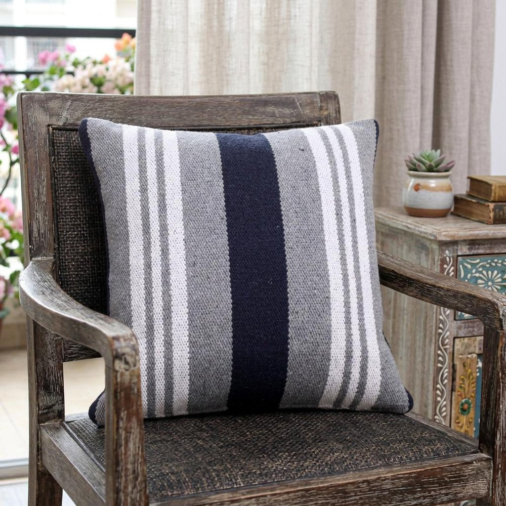 20" Navy Blue Gray And White Cotton Coastal Throw Pillow