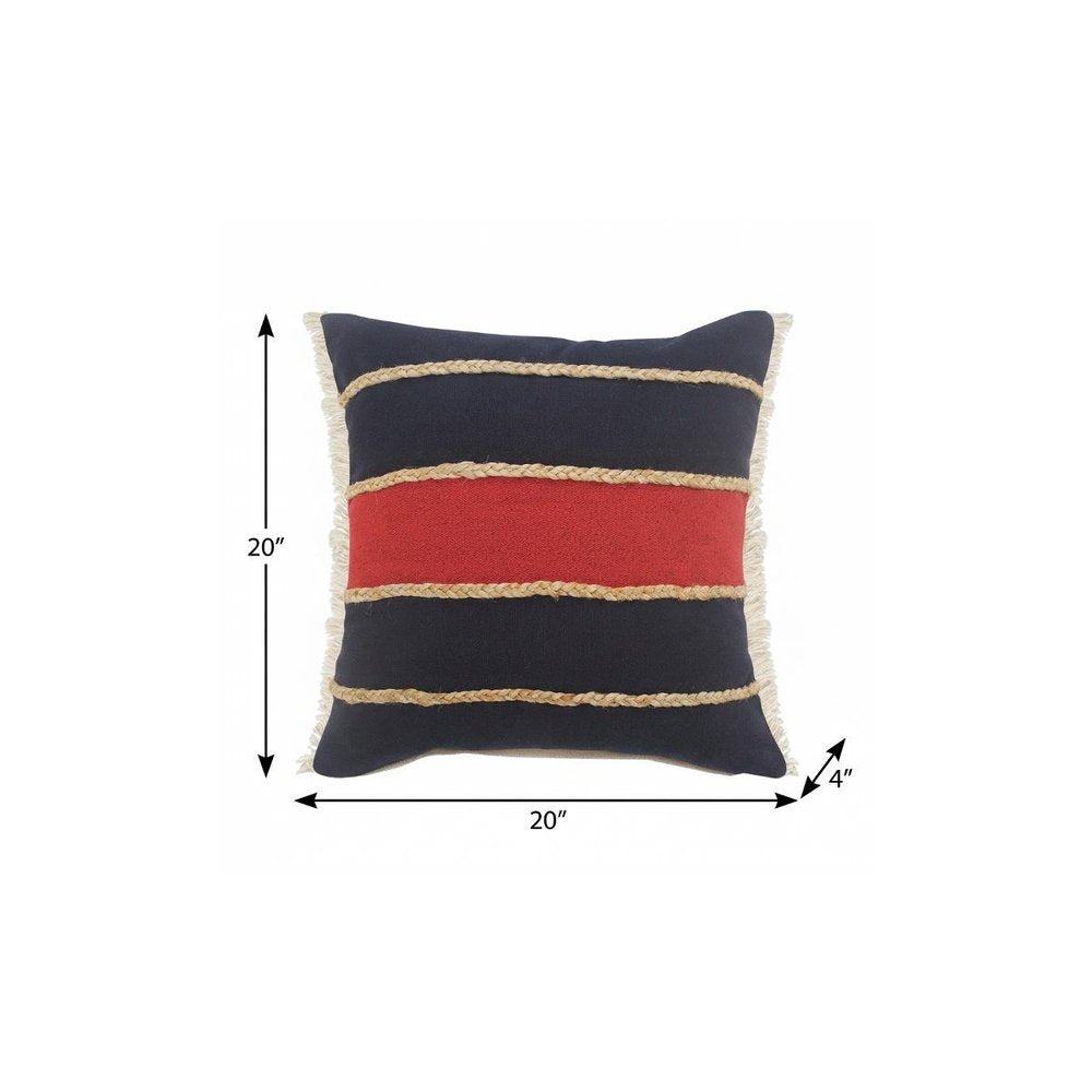 24" X 24" Navy Red And Tan 100% Cotton Striped Zippered Pillow
