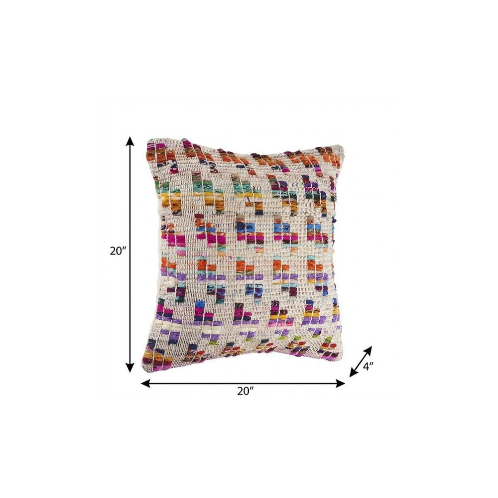 20" X 20" Beige Red Green Blue Yellow Orange And Pink 100% Cotton Geometric Zippered Pillow