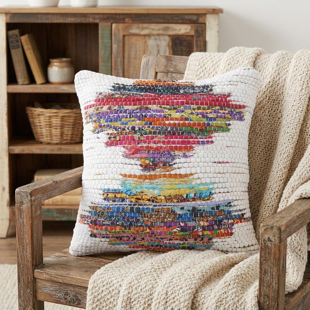 20" X 20" White Red Green Blue Yellow And Orange 100% Cotton Geometric Zippered Pillow